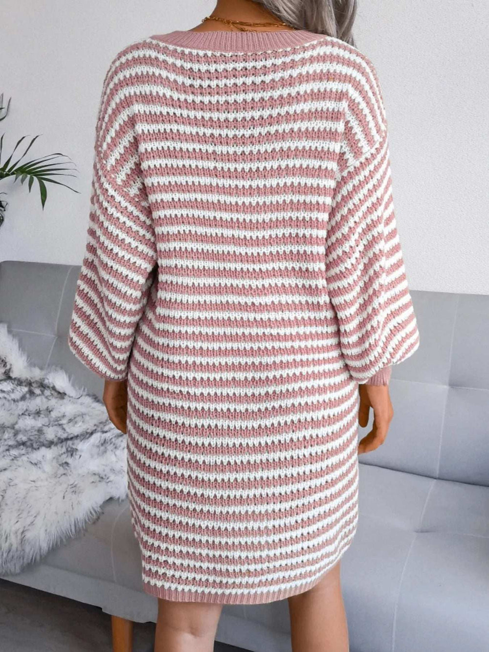 Striped V-Neck Long Sleeve Sweater Dress - Trendsi - Flyclothing LLC