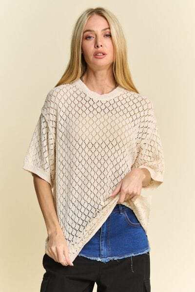 Davi & Dani Side Slit Openwork Round Neck Half Sleeve Knit Cover Up - Trendsi - Flyclothing LLC