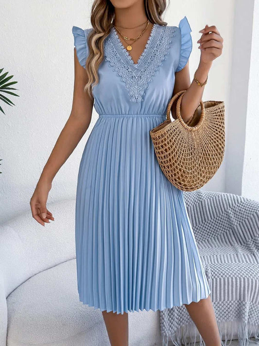 Lace Detail Ruffled Cap Sleeve Pleated Dress - Trendsi - Flyclothing LLC