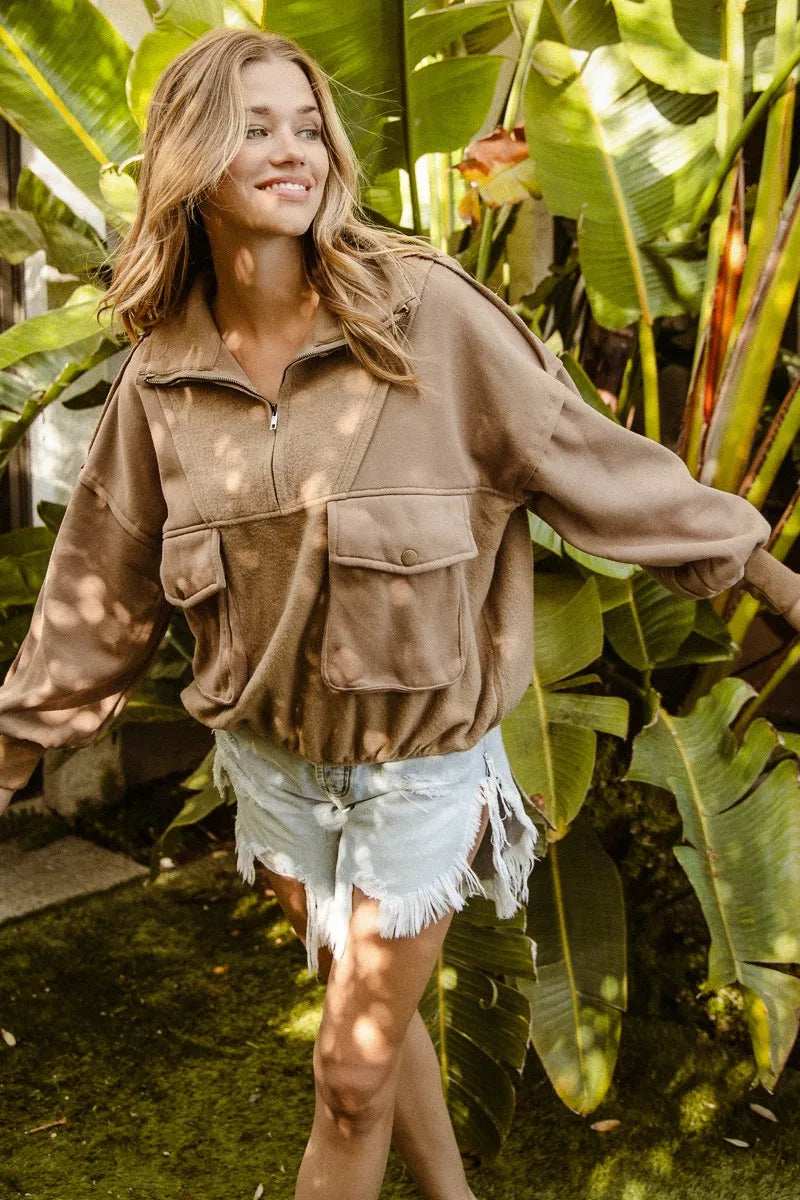 BiBi Half Zip Vintage Washed Fleece Pullover - Trendsi - Flyclothing LLC