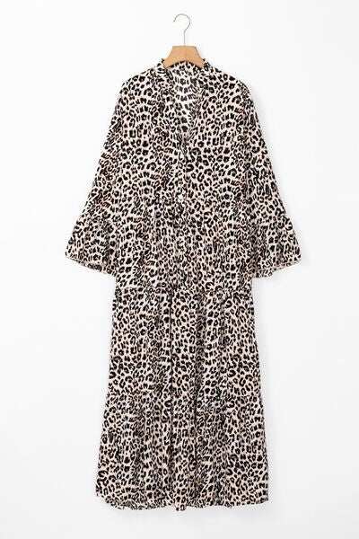 Leopard Notched Long Sleeve Maxi Dress - Trendsi - Flyclothing LLC
