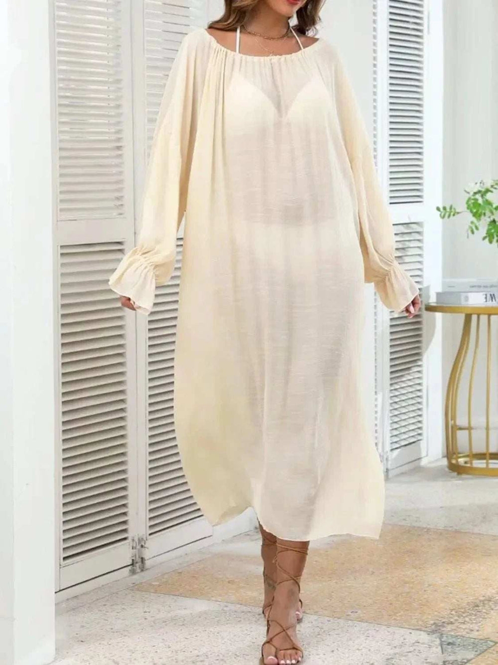 Backless Drawstring Back Flounce Sleeve Cover-Up - Trendsi - Flyclothing LLC
