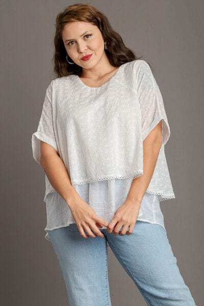 Umgee Full Size Eyelet Layered Short Sleeve Blouse Plus Size - Trendsi - Flyclothing LLC