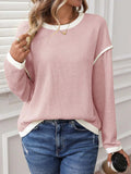 Ribbed Contrast Trim Long Sleeve Top - Trendsi - Flyclothing LLC