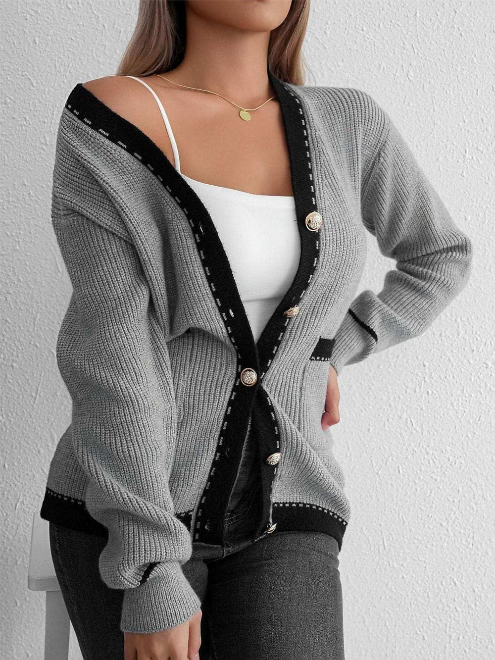 Contrast Trim Button Up Long Sleeve Cardigan - Trendsi - Flyclothing LLC