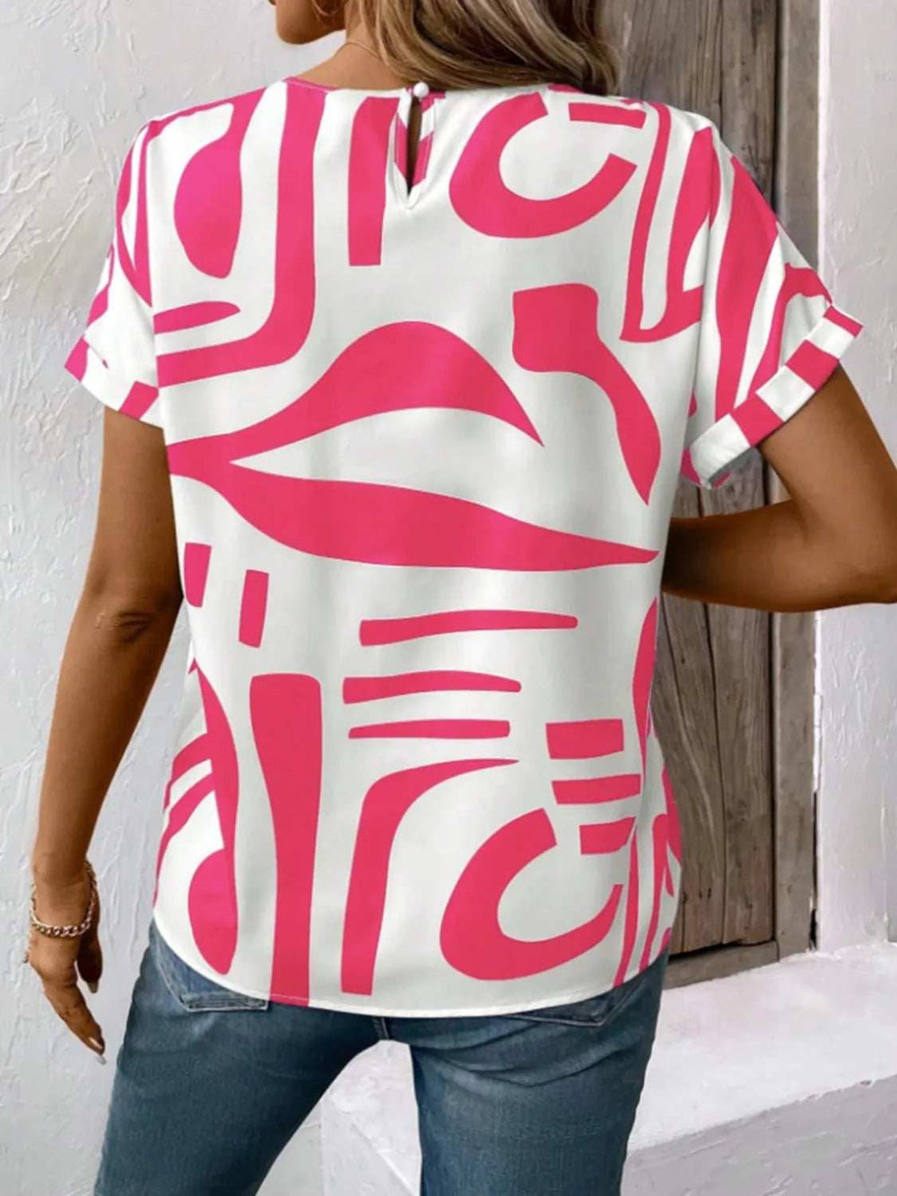 Contrast Round Neck Short Sleeve Blouse - Trendsi - Flyclothing LLC