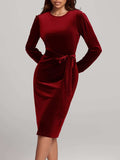 Round Neck Tie Waist Long Sleeve Velvet Dress - Trendsi - Flyclothing LLC