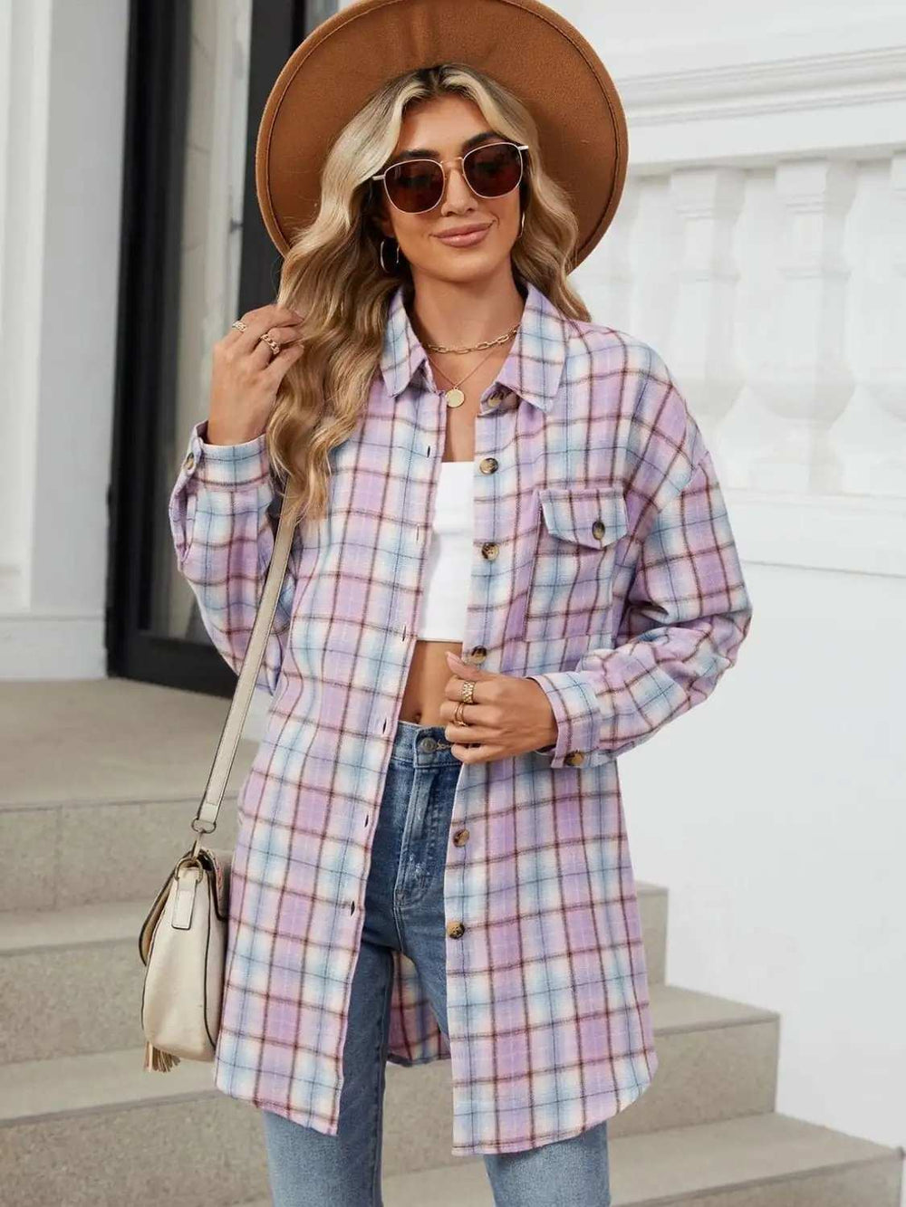 Plaid Collared Neck Long Sleeve Shirt - Trendsi - Flyclothing LLC