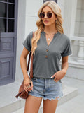 Decorative Button Notched Short Sleeve T-Shirt - Trendsi - Flyclothing LLC