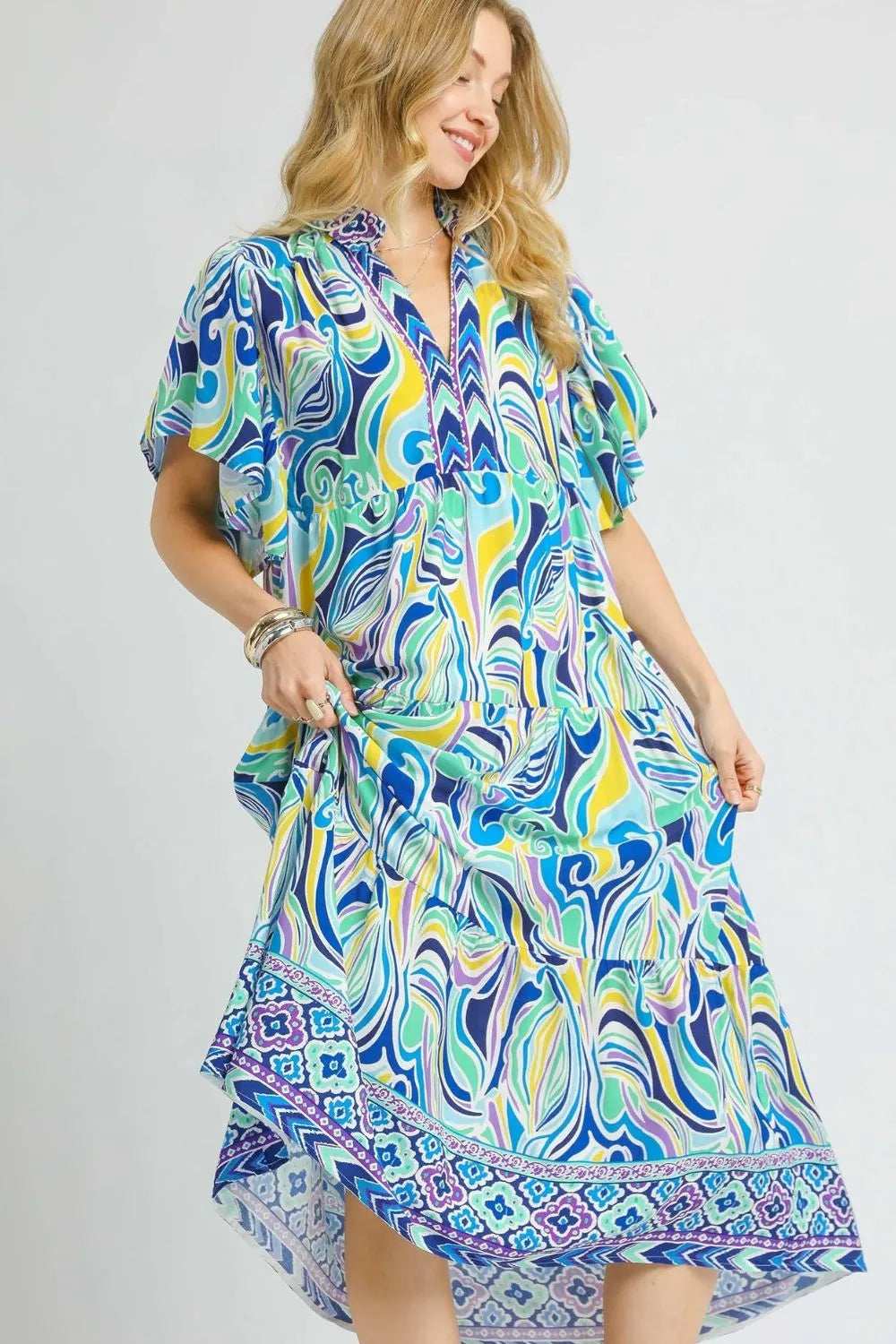 Umgee Printed Short Sleeve Tiered Midi Dress - Trendsi - Flyclothing LLC