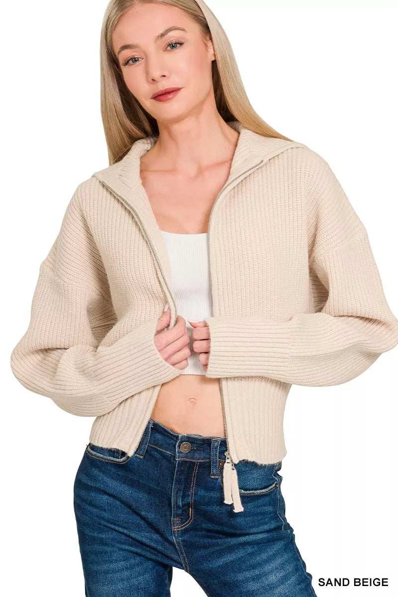 Zenana Ribbed Collared Zip Up Sweater Cardigan - Trendsi - Flyclothing LLC