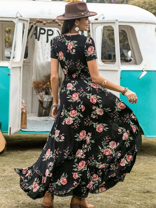 Split Printed V-Neck Short Sleeve Dress - Trendsi - Flyclothing LLC