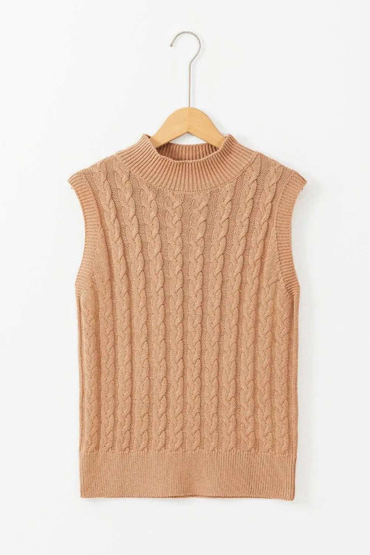 Cable-Knit Mock Neck Sweater Vest - Trendsi - Flyclothing LLC
