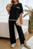 Devine Contrast Trim Half Sleeve Top and Pants Set - Trendsi - Flyclothing LLC