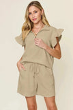 Double Take Full Size Texture Flounce Sleeve Top and Drawstring Shorts Set - Trendsi - Flyclothing LLC
