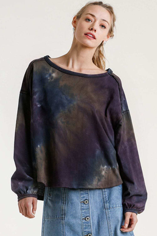 Umgee Full Size Tie Dye Round Neck Long Balloon Sleeve Top Plus Size - Trendsi - Flyclothing LLC