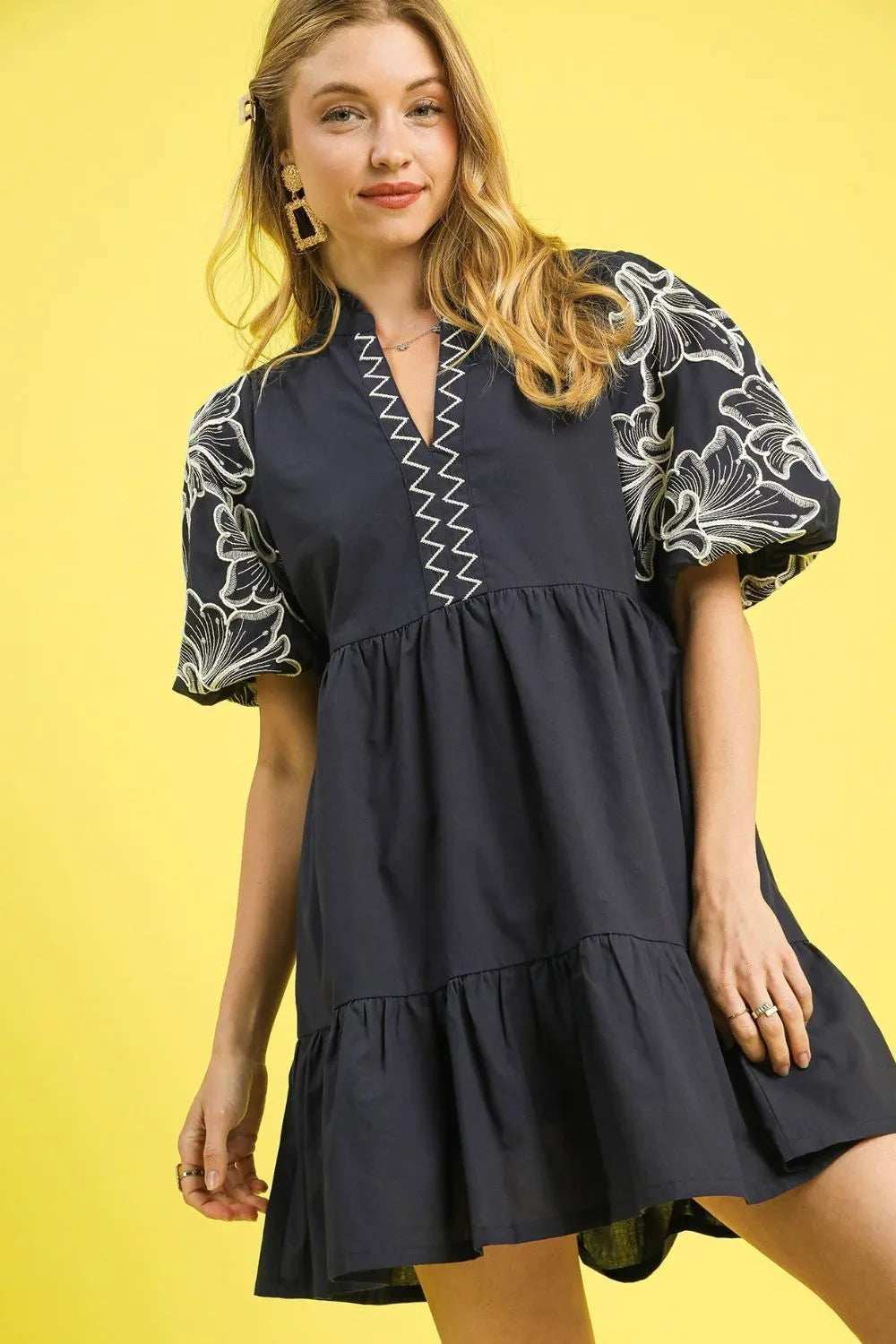Umgee Tiered Embroidered Puff Sleeve Mini Dress - Trendsi - Flyclothing LLC