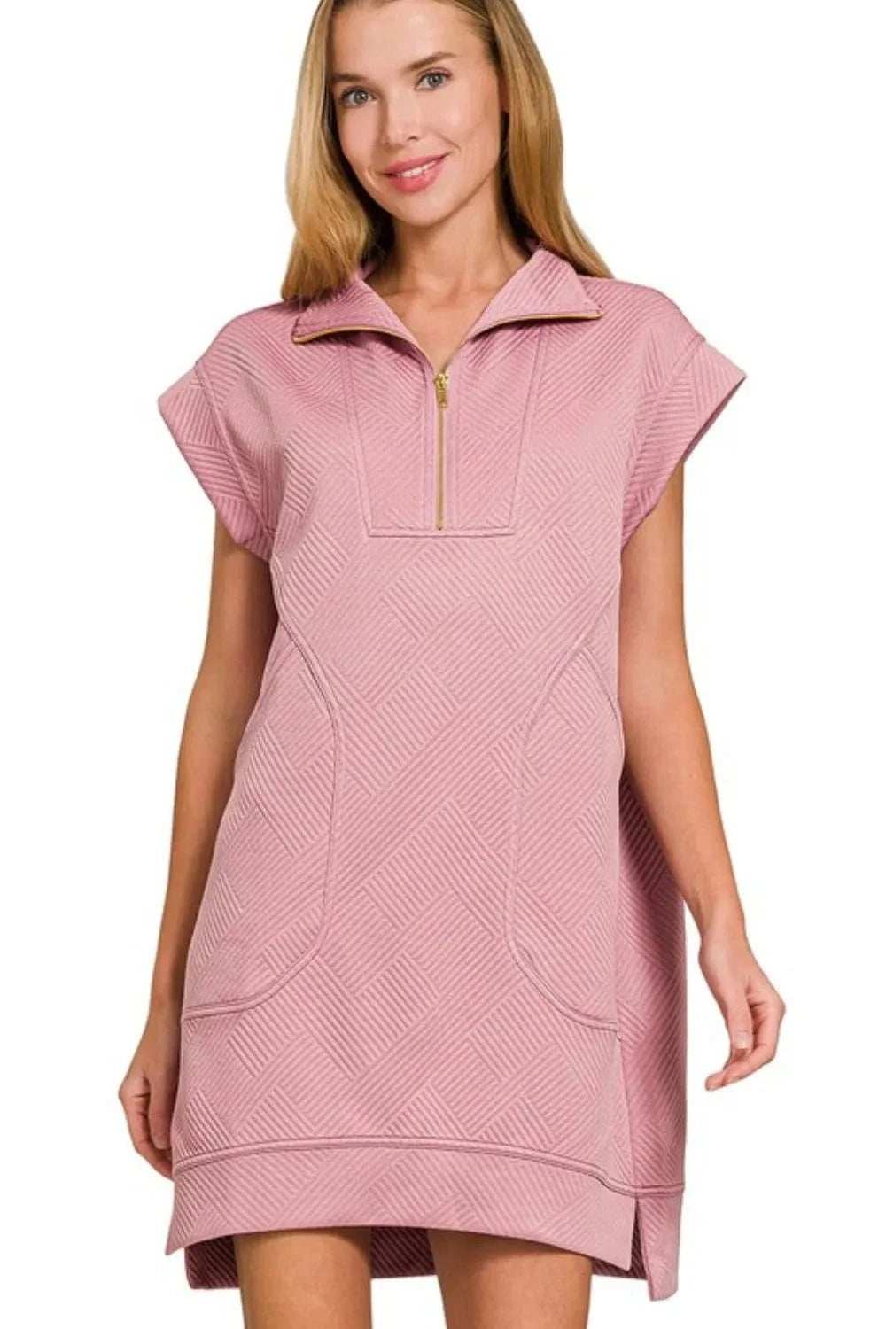 Zenana Textured Knit Jacquard Quarter Zipper Mini Dress - Trendsi - Flyclothing LLC