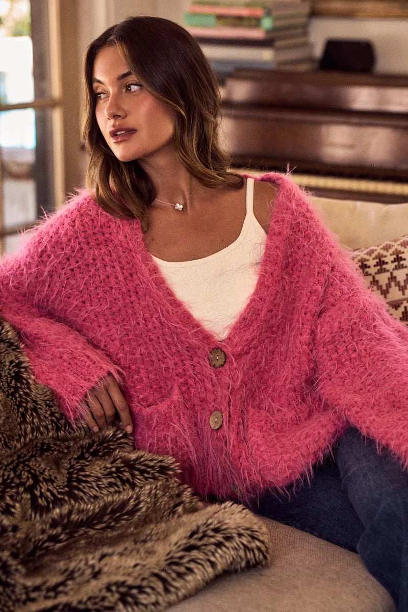 SO ME Soft Touch Hairy Loose Fit Cozy Sweater Cardigan - Trendsi - Flyclothing LLC