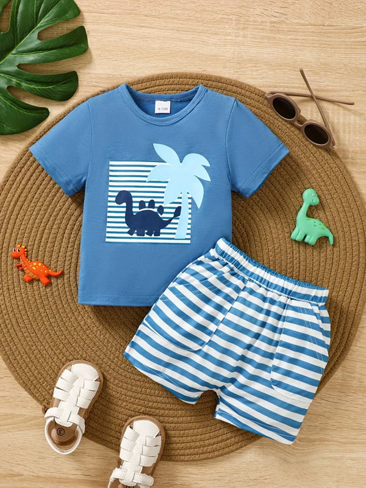 Children's Dinosaur Print Tee & Striped Shorts Set - Trendsi - Flyclothing LLC
