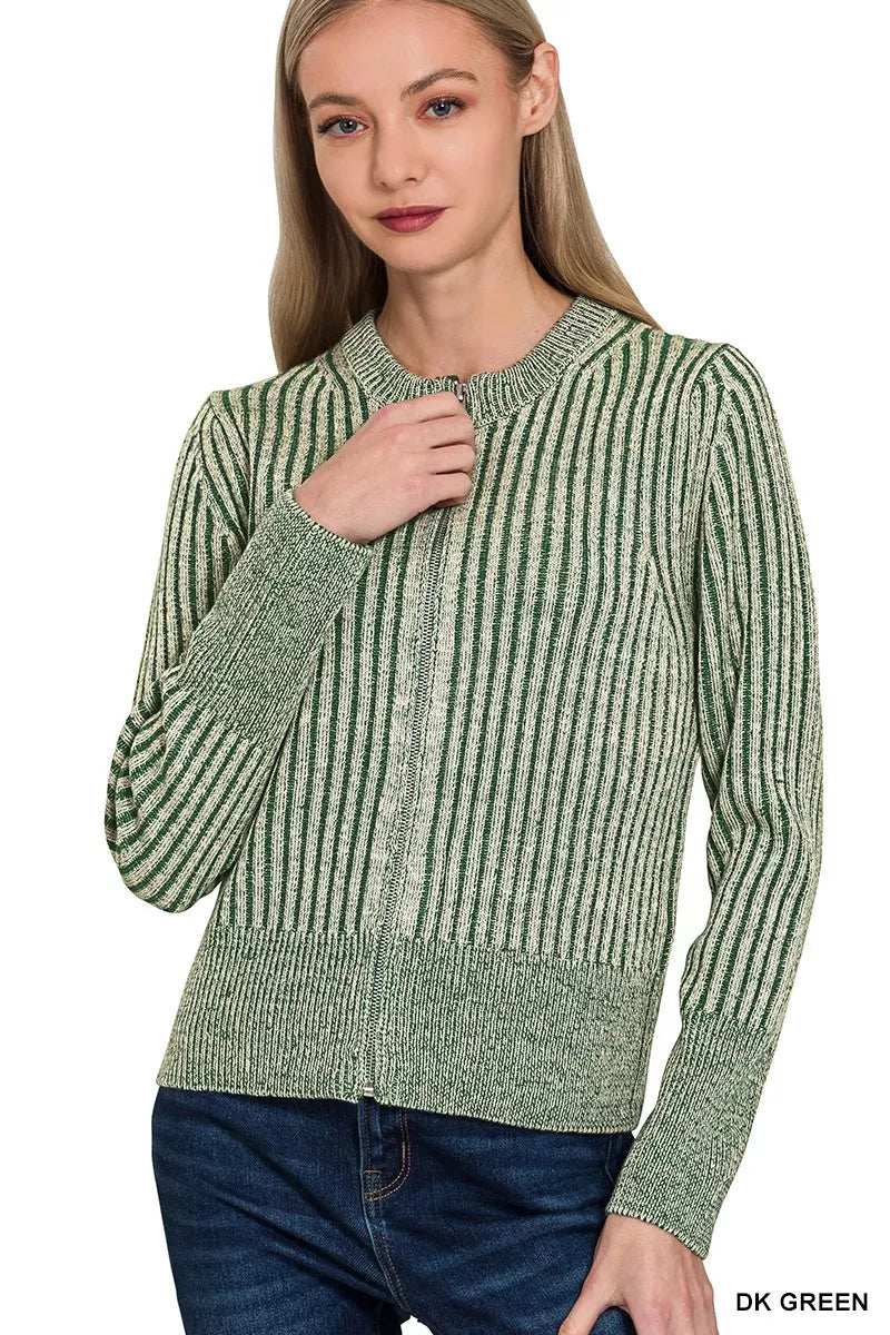 Zenana Ribbed Two Tone Zip Up Sweater Cardigan - Trendsi - Flyclothing LLC