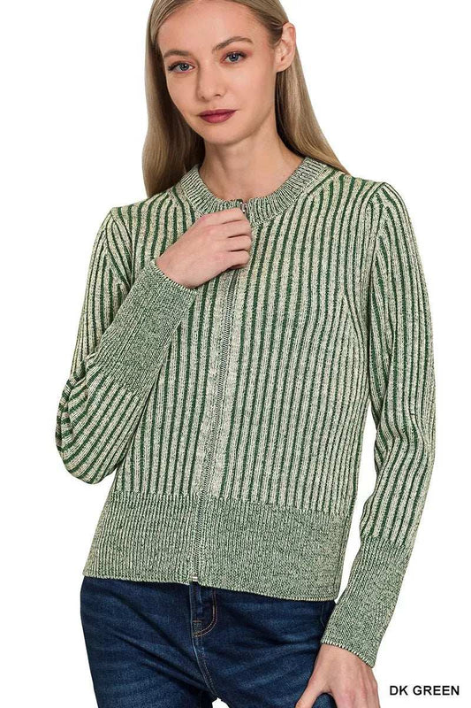 Zenana Ribbed Two Tone Zip Up Sweater Cardigan - Trendsi - Flyclothing LLC