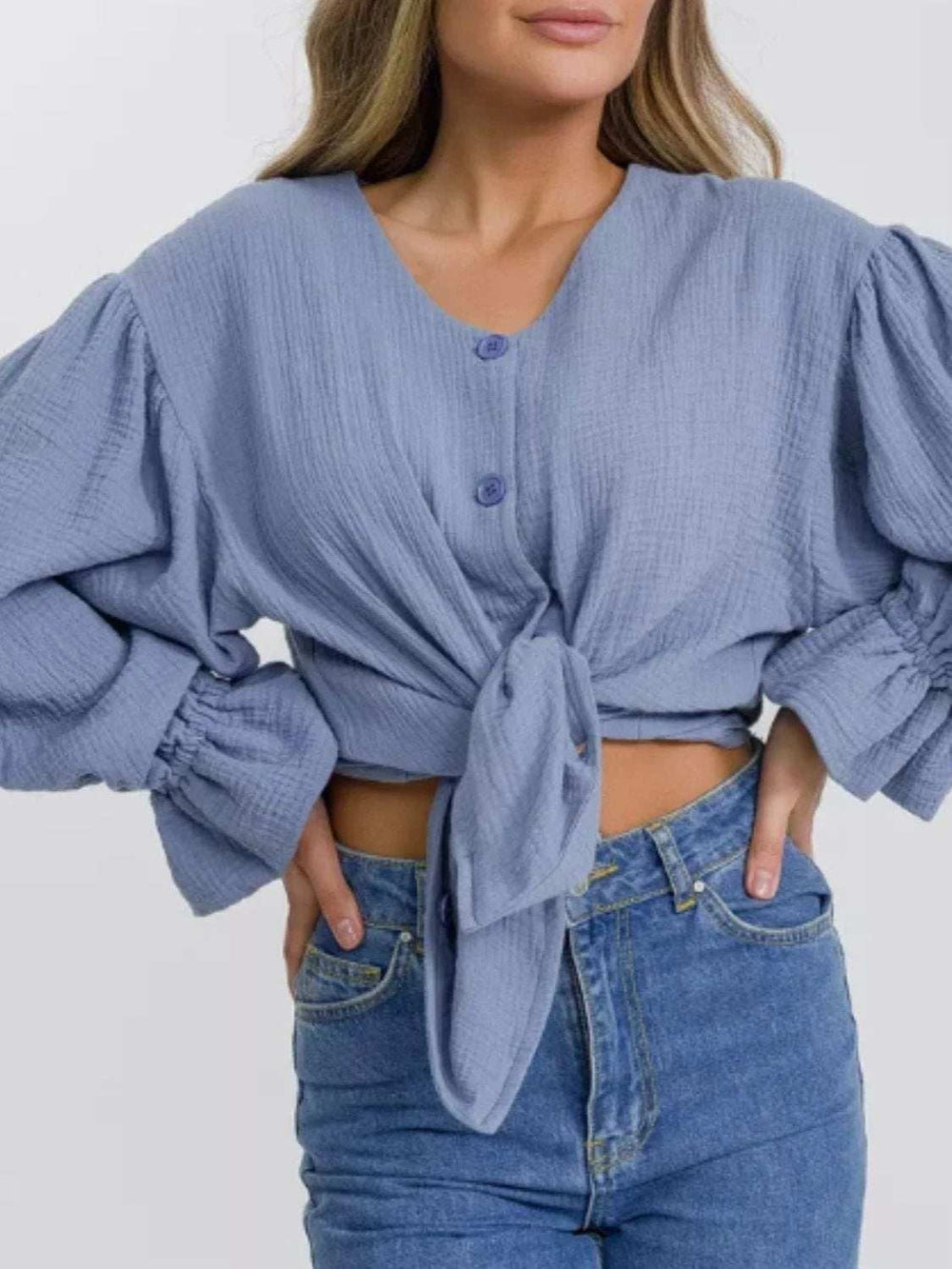 Button Up Flounce Sleeve Shirt - Trendsi - Flyclothing LLC