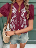 Embroidered Frill Notched Short Sleeve Blouse - Trendsi - Flyclothing LLC