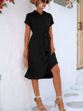 Buttoned Tie Waist Short Sleeve Dress - Trendsi - Flyclothing LLC