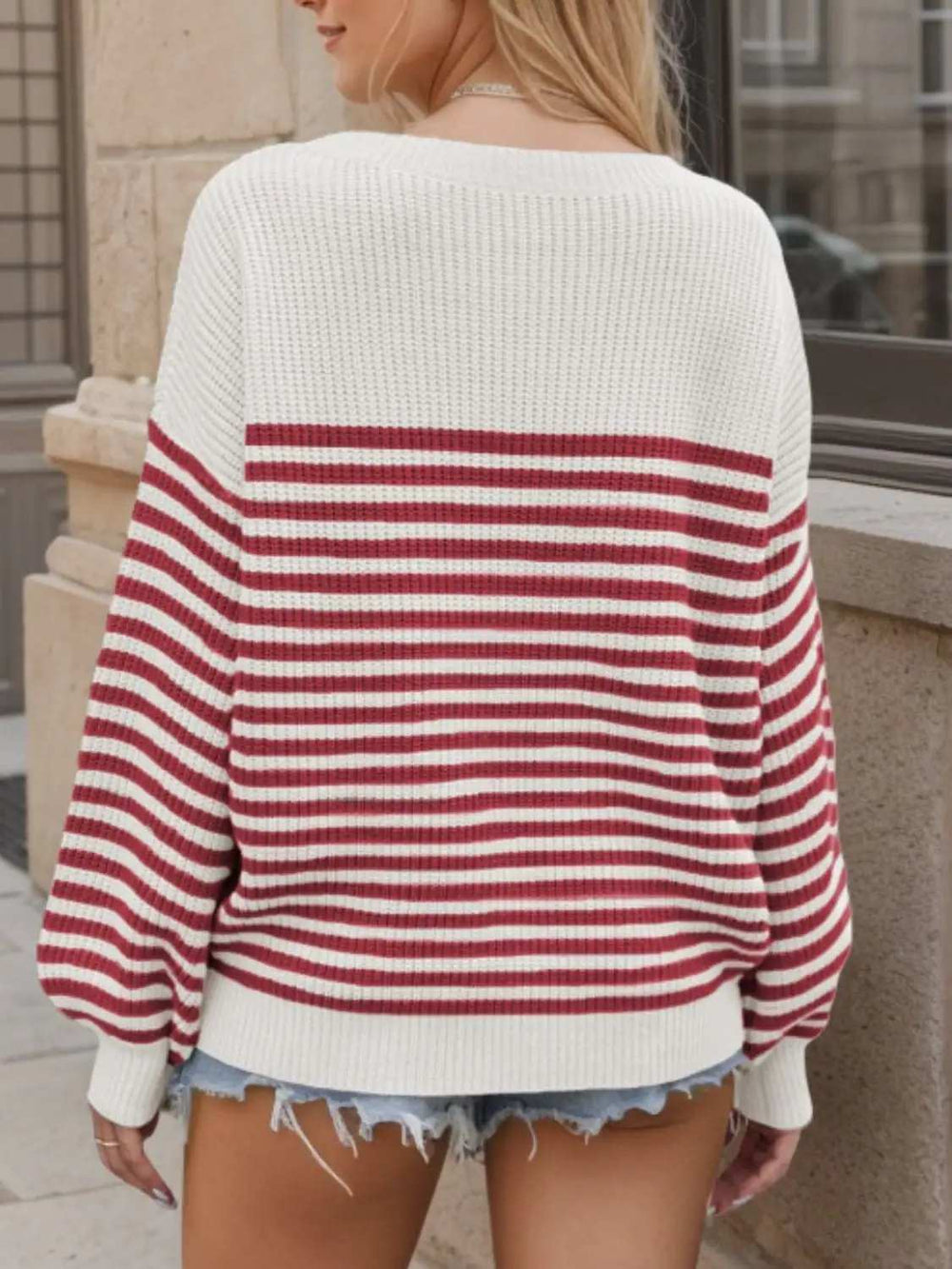 Striped Round Neck Long Sleeve Sweater - Trendsi - Flyclothing LLC