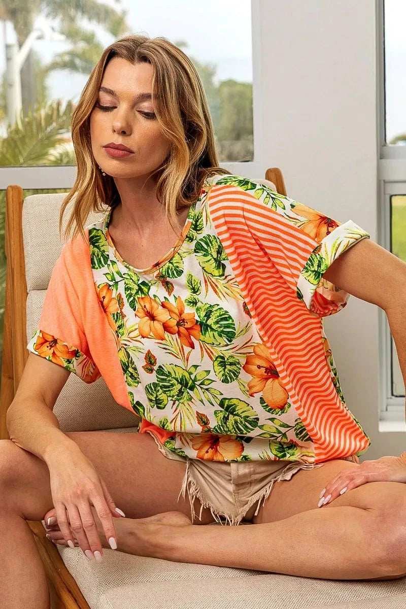 BiBi Floral W Stripe Color Block Dolman Sleeves Top - Trendsi - Flyclothing LLC