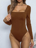 Square Neck Long Sleeve Bodysuit - Trendsi - Flyclothing LLC