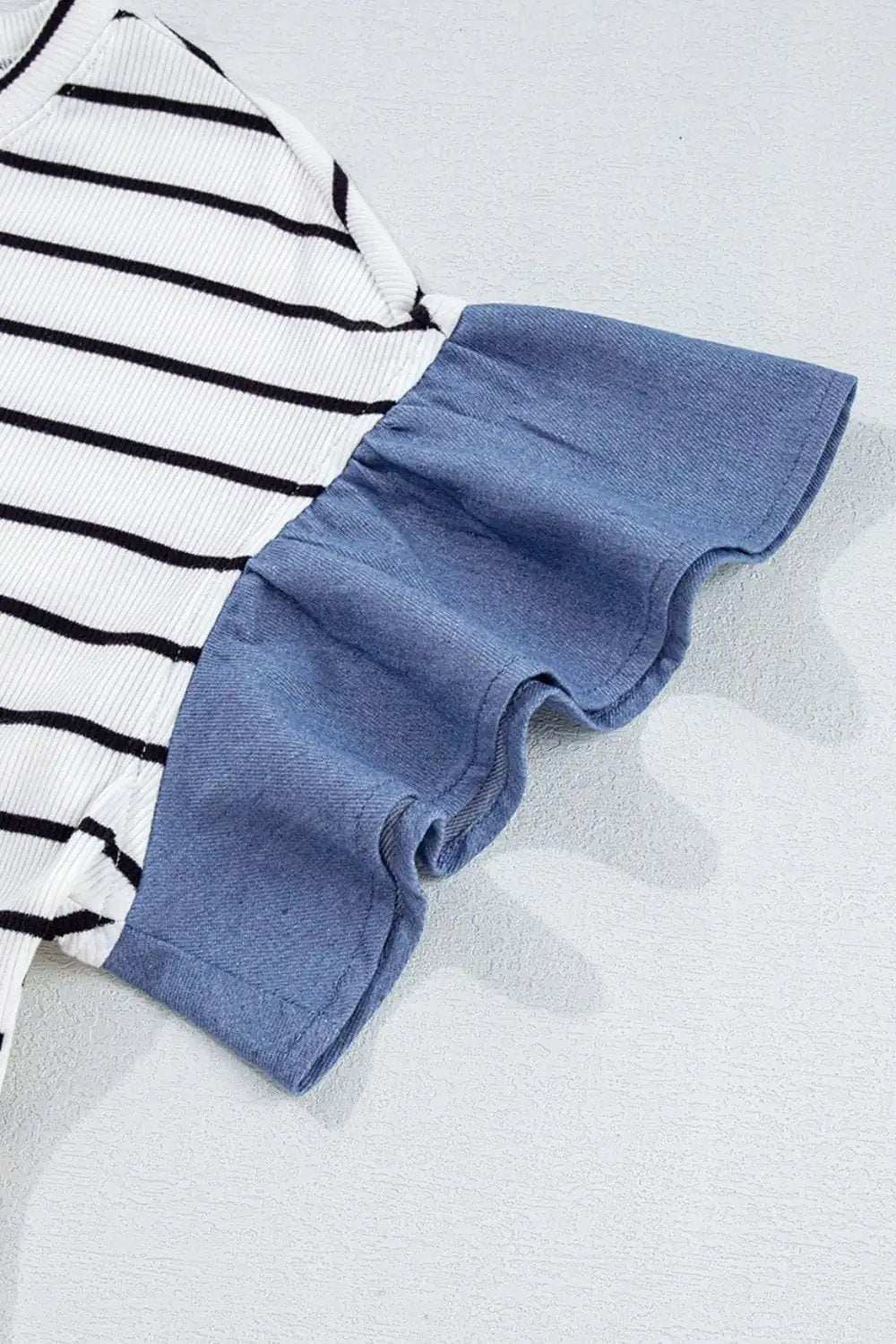 Stripe Ruffle Denim Patchwork Round Neck Mini Dress - Trendsi - Flyclothing LLC