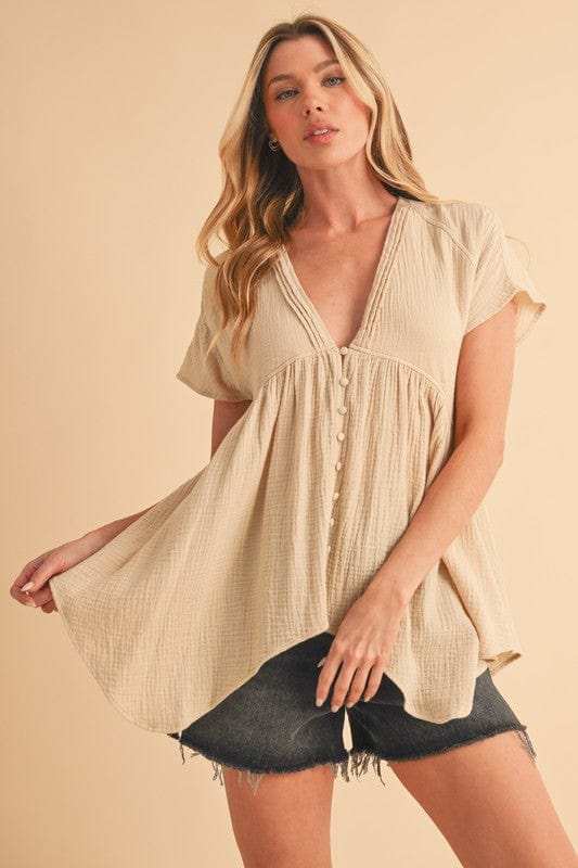 Aemi + Co Tuck Detail V-Neck Short Sleeve Blouse - Trendsi - Flyclothing LLC