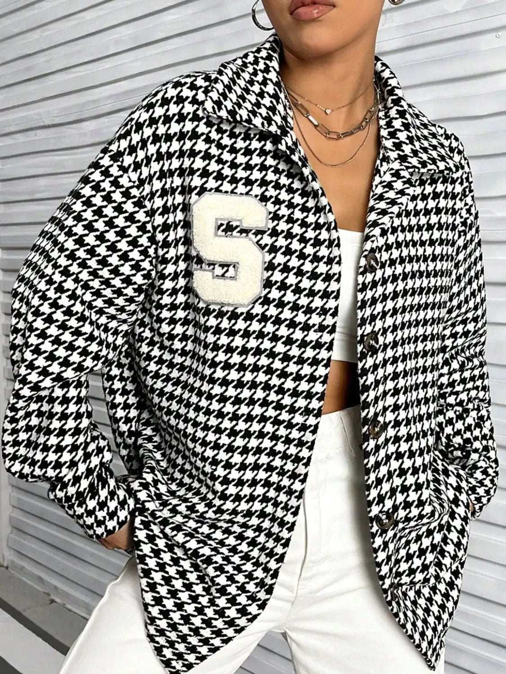Houndstooth Button Down Long Sleeve Shacket - Trendsi - Flyclothing LLC