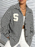 Houndstooth Button Down Long Sleeve Shacket - Trendsi - Flyclothing LLC