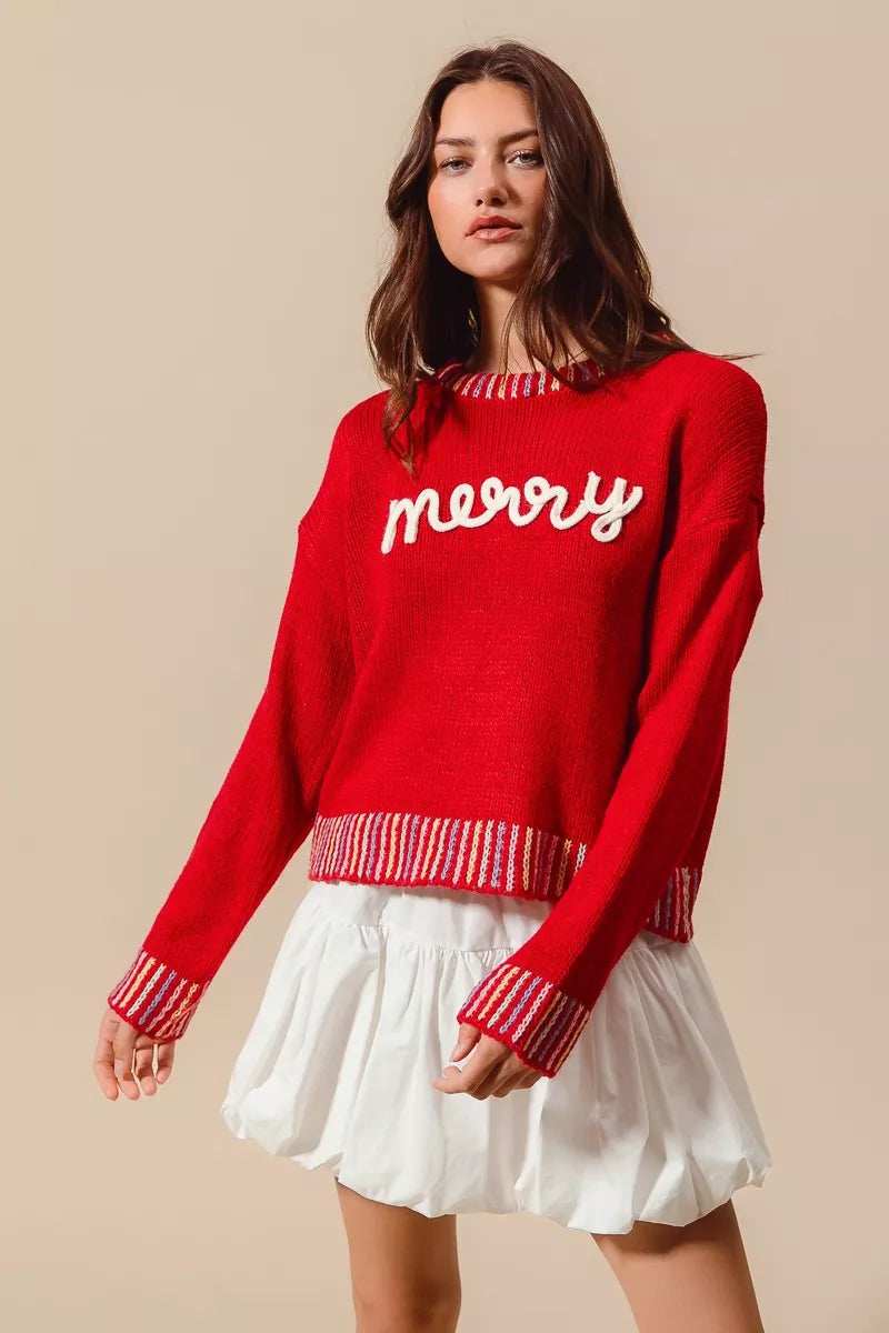 SO ME Merry Lettering Embroidered Christmas Sweater - Trendsi - Flyclothing LLC