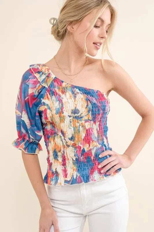 And The Why Allover Floral Print Smocked One Shoulder Blouse - Trendsi - Flyclothing LLC