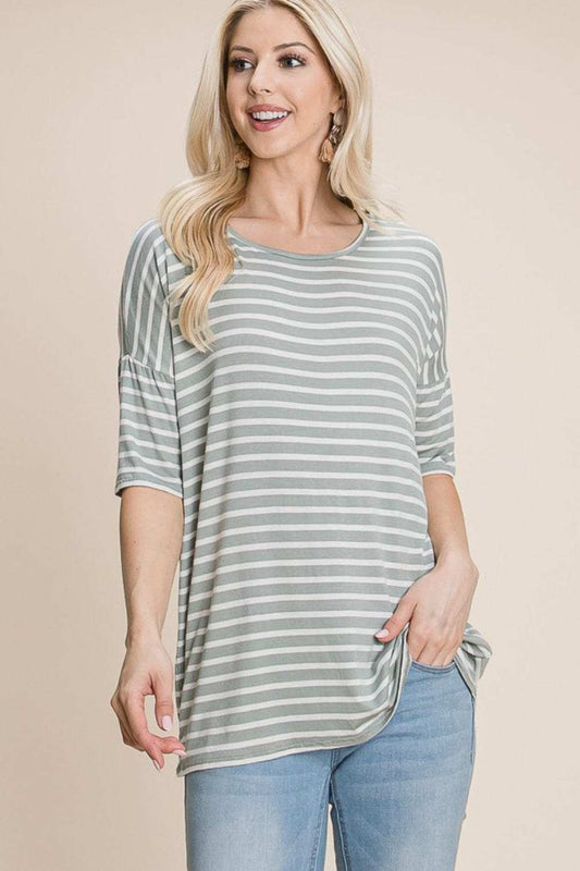 BOMBOM Striped Round Neck T-Shirt - Trendsi - Flyclothing LLC