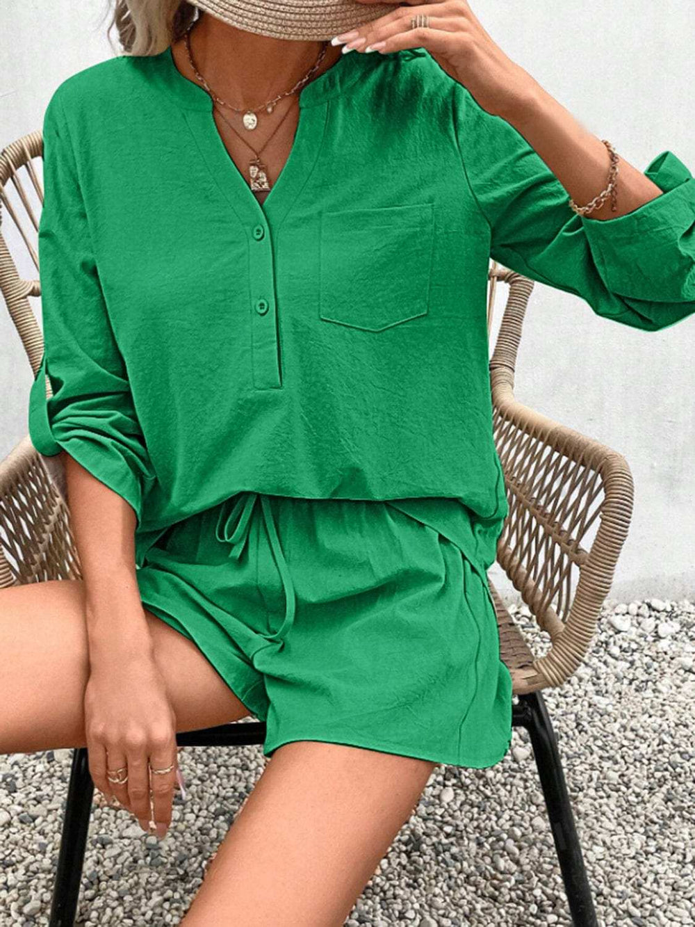 Notched Long Sleeve Top and Shorts Set - Trendsi - Flyclothing LLC