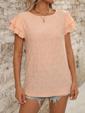 Eyelet Round Neck Double Layered Ruffled Short Sleeve Top - Trendsi - Flyclothing LLC