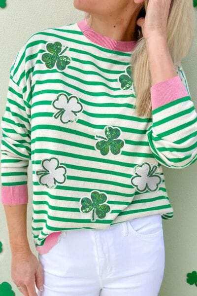 Striped Lucky Clover Long Sleeve Sweatshirt - Trendsi - Flyclothing LLC