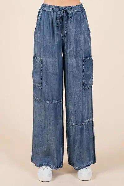 Mittoshop Washed Elastic Waist Cargo Wide Leg Pants - Trendsi - Flyclothing LLC
