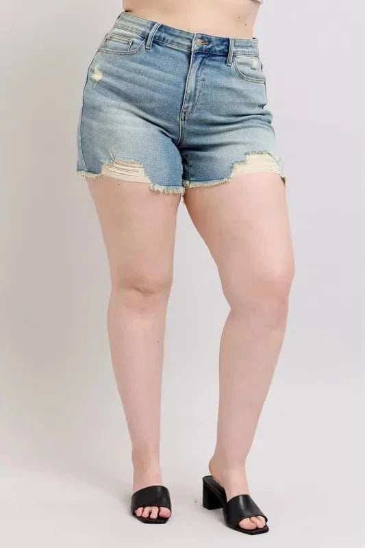 Judy Blue Full Size High Rise Washed Fly Stitch Detail and Destroy Denim Shorts Plus Size - Trendsi - Flyclothing LLC