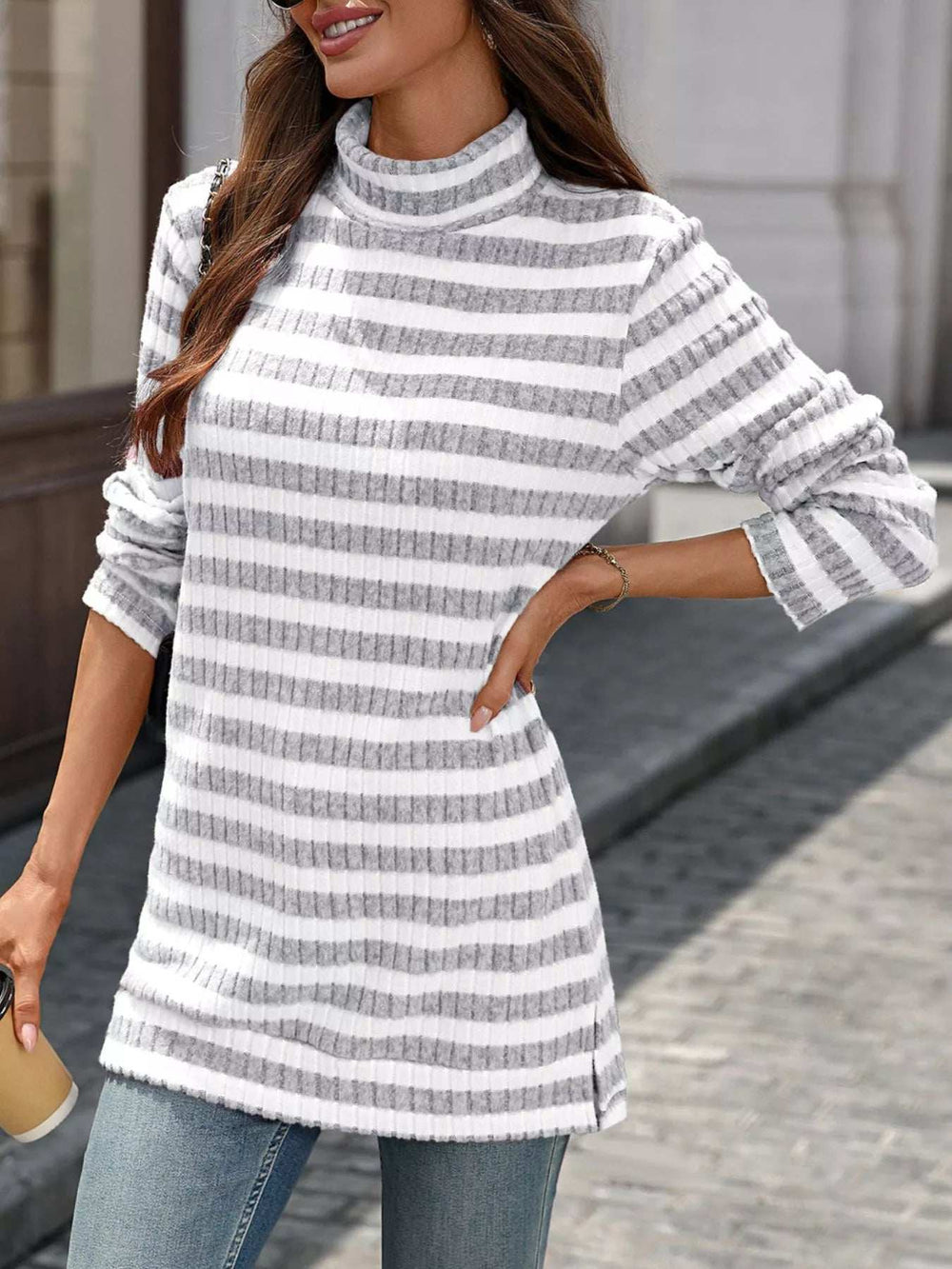 Striped Turtleneck Long Sleeve Knit Top - Trendsi - Flyclothing LLC