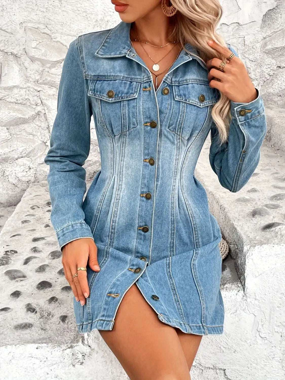Pocketed Button Up Long Sleeve Denim Dress - Trendsi - Flyclothing LLC