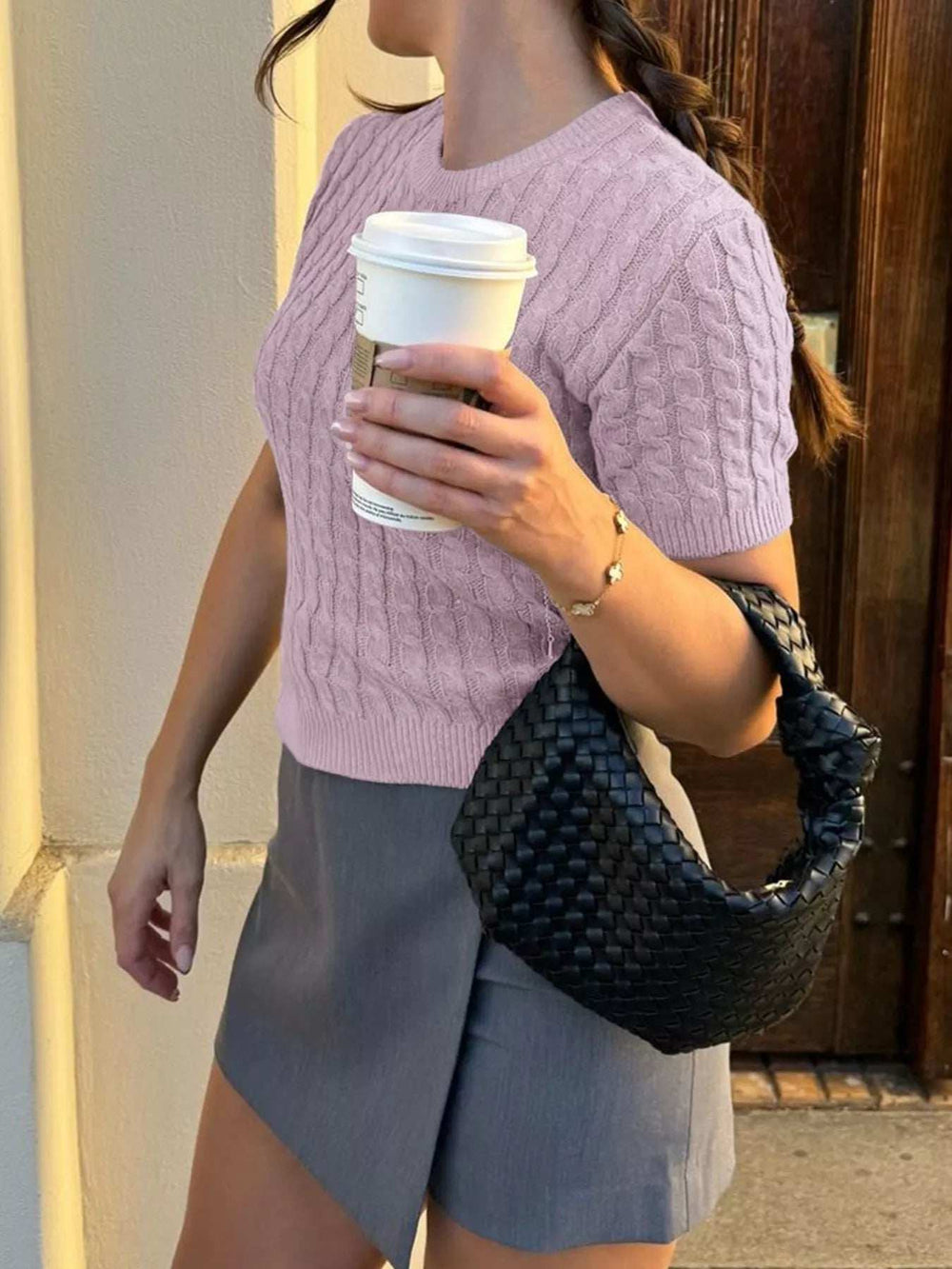 Cable-Knit Short Sleeve Sweater - Trendsi - Flyclothing LLC