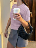 Cable-Knit Short Sleeve Sweater - Trendsi - Flyclothing LLC