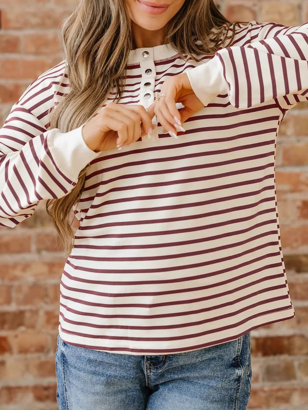 Striped Drop Shoulder Long Sleeve Henley Top - Trendsi - Flyclothing LLC