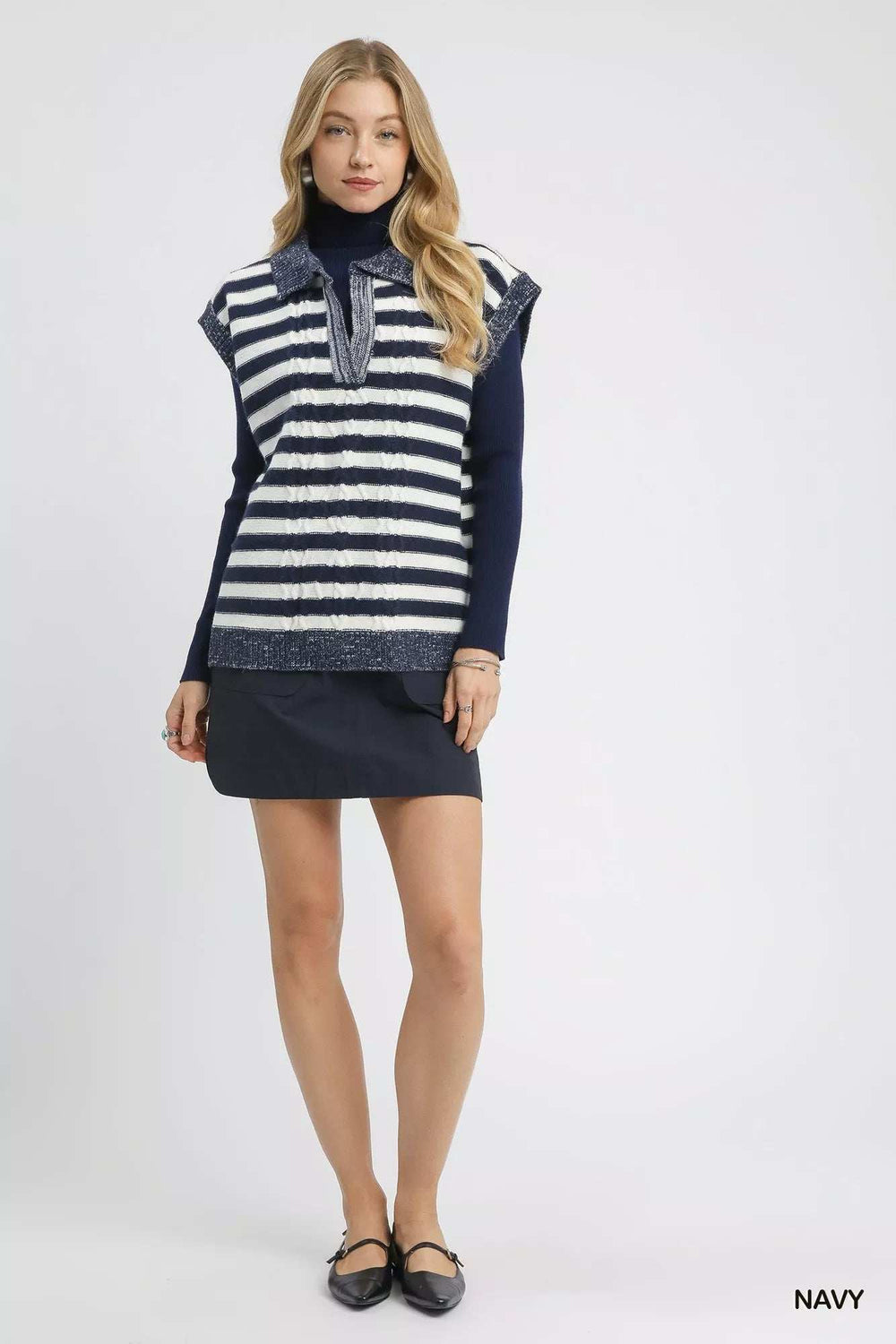 Umgee Cable Knit Collared Striped Vest Sweater - Trendsi - Flyclothing LLC